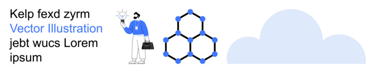 Innovation, science, cloud computing, molecular research, technology, discovery. A scientist holding a lightbulb stands near a hexagonal molecular structure and a cloud icon. Innovation and science © robu_s