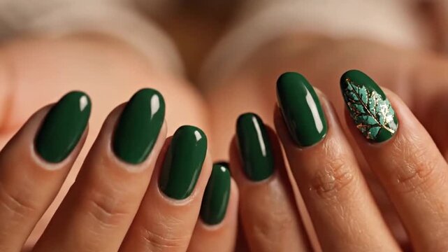 A close-up view showcases elegant hands with a fresh, professional manicure. The oval-shaped nails are painted in a rich, dark green shade with a smooth, glossy finish that reflects light. One accent 