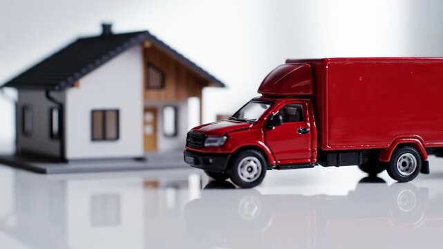 A small red truck near a blurred miniature home with moving boxes, symbolizing real estate purchases, mortgage agreements, and the entire moving process associated with a personal residence