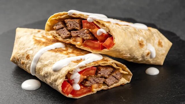 A close-up view reveals two enticing, freshly prepared wraps, each generously filled with savory grilled meat and vibrant diced red tomatoes. The golden-brown tortillas are beautifully toasted and art
