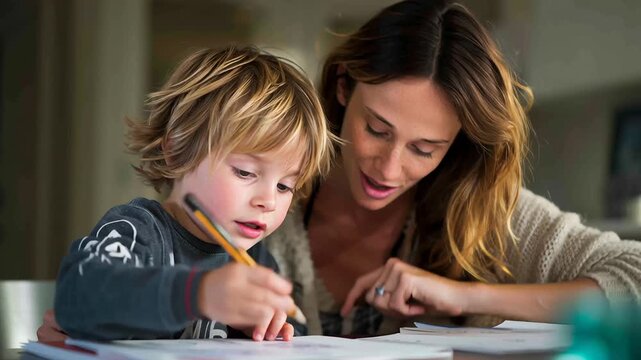 A young boy and his mother are sitting at a table, with the boy writing on a piece of paper. Parent and child discussing a worksheet together, pointing and nodding, shared understanding, warm neutral 