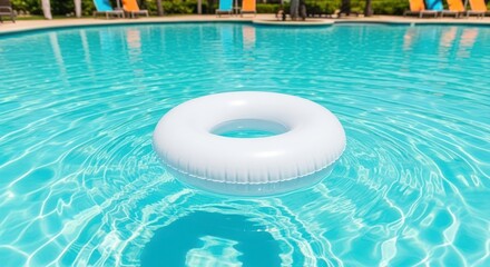 White inner tube floats in a bright blue outdoor swimming pool on a sunny day