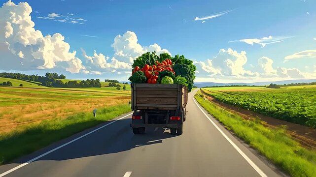 A truck is transporting a large quantity of fresh vegetables on a rural road through the countryside.