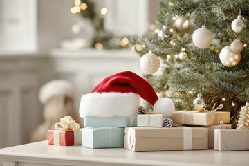 Fototapeta premium Festive christmas scene with santa hat and wrapped gifts by decorated tree
