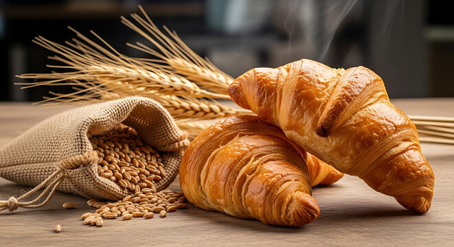 Freshly baked croissants and baguettes arranged on a wooden table