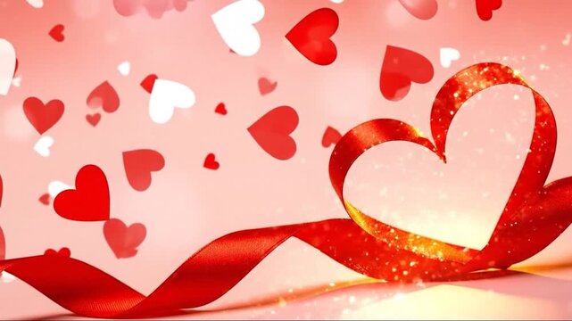 Romantic Heart Pattern With Red Ribbon on Pink Valentine Background
