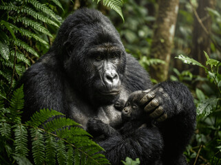 Naklejka premium Gorilla Cradling Baby in Lush Jungle