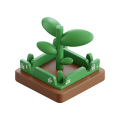 stylized illustration of emerging plant, symbolizing growth and development, set within meticulously crafted square plot . Isolated on transparent background, png