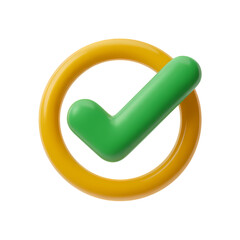 3D green check mark inside yellow circle, a visual representation of completed tasks and successful outcomes . Isolated on transparent background, png