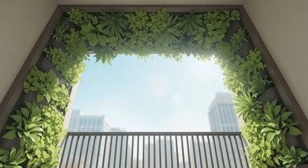 Obraz premium Balcony with vertical garden, sunny sky, and blurred city view