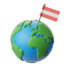 Austria Flag on Globe in 3D Representation, showing Global Connection, Patriotism and Tourism Concept . Isolated on transparent background, png