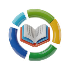 knowledge and learning concept depicted through a 3D book and colorful segments . Isolated on transparent background, png