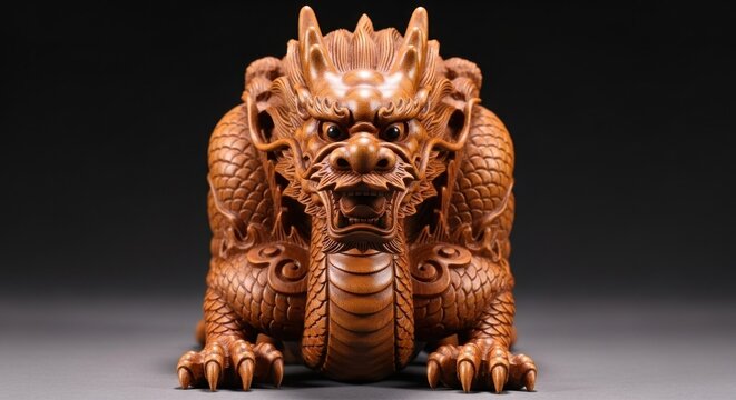 Carved wooden dragon figure, ornate details, symmetrical, facing viewer
