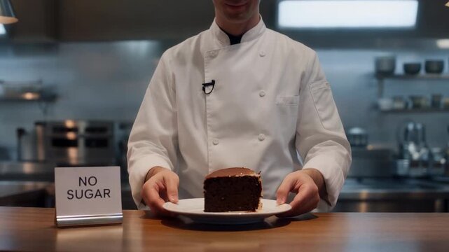 A professional chef presents a chocolate cake on a plate with a 'No Sugar' sign. This symbolizes a low sugar lifestyle, advocating for healthy eating habits and reduced sugar consumption
