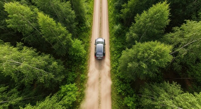 Car on a dirt road cuts through dense green forest, seen from above