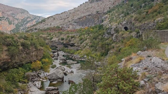 Scenic view of Montenegro mountains and deep canyon valley, showing dramatic rocky relief, pristine nature, and untouched outdoor landscape of the Balkans