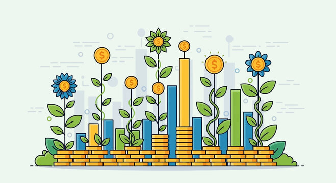 Colorful Bar Graph with Sunflowers and Leaves.