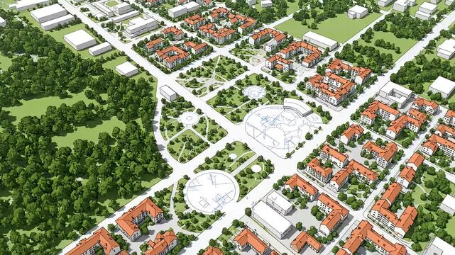 Overhead view of urban planning design featuring residential buildings adjacent to extensive parkland and infrastructure