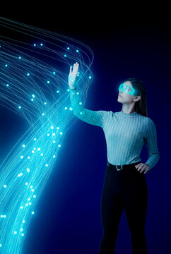 3D woman interacting with blue data fiber flow