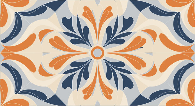 Symmetrical decorative tile pattern features elegant swirls and leaf motifs in shades of blue orange and beige for interiors.