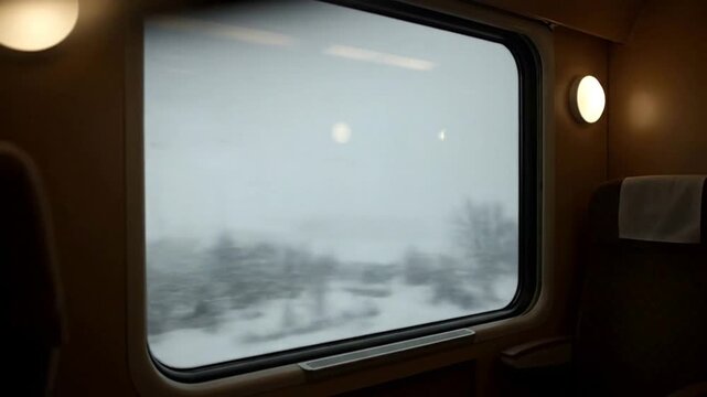 Snowy landscape viewed through a train window on a foggy day.