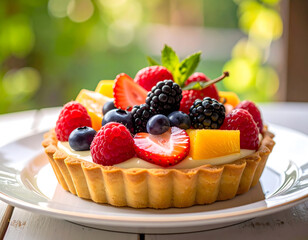 A photograph of a fruit tart or a vibrant salad