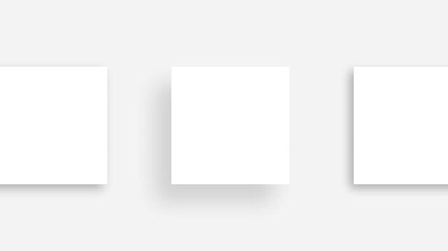 Flat Lay Animation of White Paper Square Blank Mockups  On A Neutral Light Background With Soft Natural Shadows.  Branding Identity, Business Cards, Magazine Pages, Social Media Posts,  Presentation. 