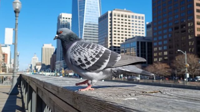 A common city pigeon, a resilient urban bird, stands in sharp focus on a weathered wooden railing, surveying its surroundings on a bright, sunny day. Its detailed grey and white plumage, distinctive r