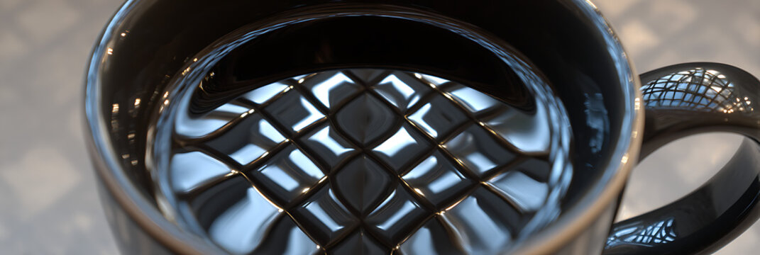 Artistic top view of a glossy black coffee cup with a striking geometric window reflection on the dark liquid surface, ideal for minimalist lifestyle and cafe branding.