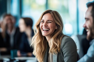 Fototapeta premium Engaged and approachable a woman participates in a group conversation reflecting emotional intelligence and collaborative spirit.