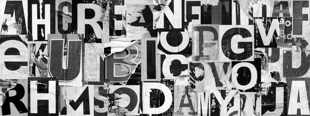 Collage of many letters ripped torn advertisement street fly posters grunge creased crumpled paper texture background placard backdrop surface  © Nikola