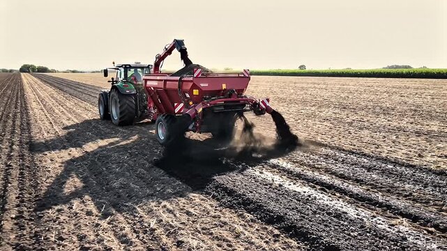Modern Tractor Spreading Dark Organic Fertilizer on a Wide Agricultural Field
