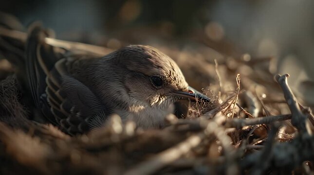 A delicate moment captured as a tiny fledgling rests in its intricately woven nest, a symbol of new beginnings and natural preparation for life