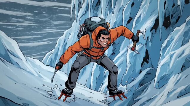 Male adventurer ice climbing steep snowy mountain with axe