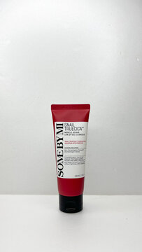 Sleman, ID - February 13, 2026: Some By Mi Snail Truecica Miracle Repair Low pH Gel Cleanser on White Background