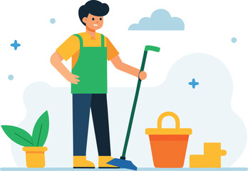 Fototapeta premium Man cleaning with broom and bucket isolated on transparent background, Vector, illustration
