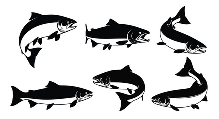 Collection of salmon fish silhouettes seafood aquatic