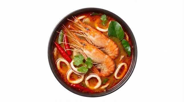 Traditional Thai spicy Tom Yum soup with king prawns, squid and chili peppers in a black bowl, isolated on a white background, top view