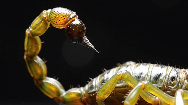 A scorpion poised to sting, tail raised high, on a dark background, captured in a close-up macro shot.