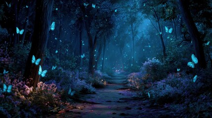 Fototapeta premium Enchanted forest path with glowing blue butterflies