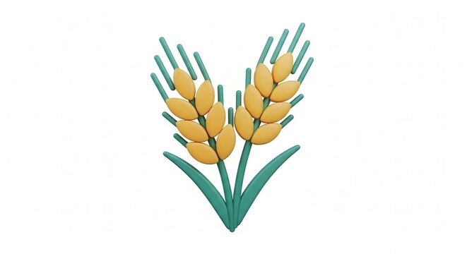 Close-up of Golden Wheat Ear with Green Leaves and Stalks in a Minimalist Style