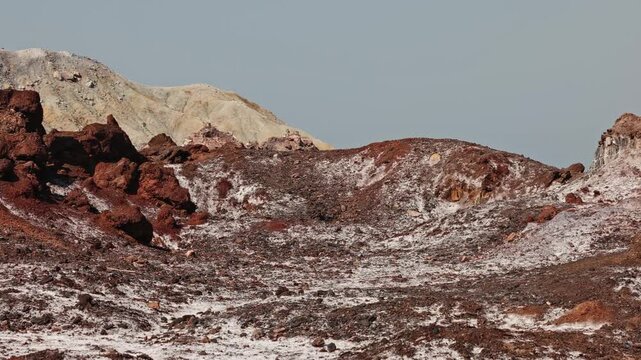 Colorful salt mountains on Hormuz Island in Iran, known as the Rainbow Island, featuring surreal mineral Martian landscape and vivid natural patterns in Persian Gulf. Unique geological formations 