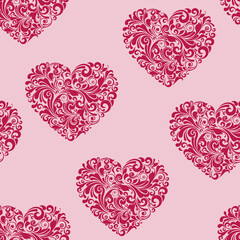 Seamless romantic pattern with ornate red hearts with swirling floral filigree on soft pink background. Elegant, decorative design perfect for Valentine&rsquo;s themes, wallpapers, textiles and wrapping