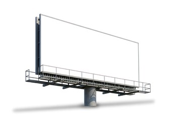 Obraz premium Large Outdoor Billboard Structure With Blank White Display Panel Mounted On A Concrete Pillar Illuminated By Bright Daylight Isolated White Background