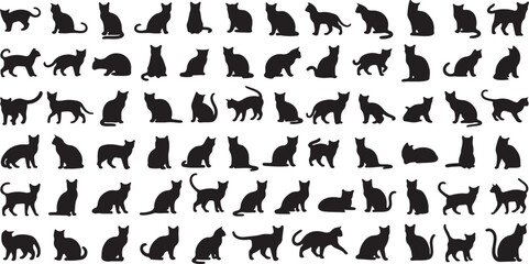 Black Cat Silhouette Flat Design Set Feline Illustration