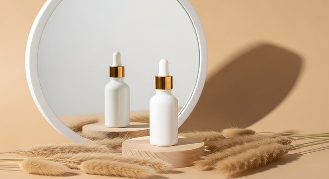 Two white bottles with gold caps on wooden stands in front of a mirror and dry grass