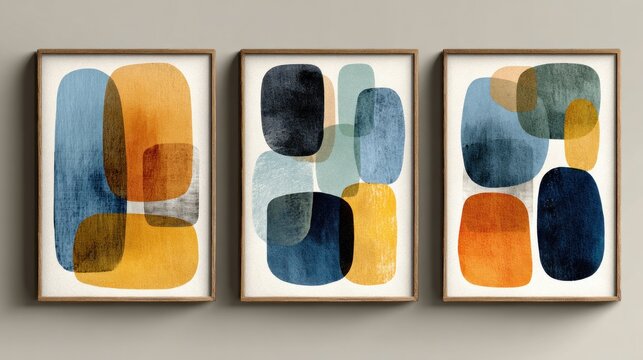 Three pieces of minimal abstract wall art show organic shapes in a cohesive color palette arranged together on a wall in a modern setting