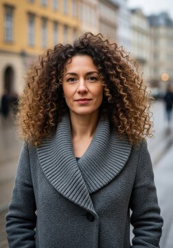 Elegant Fashion Portrait Of Woman With Large Curly Hair Wearing Heavy Grey Wool Coat On City Street