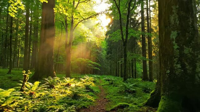 A breathtaking and serene forest scene unfolds, bathed in the soft glow of golden sunbeams piercing through a dense canopy of lush green foliage. Majestic, tall trees dominate the landscape, their tex