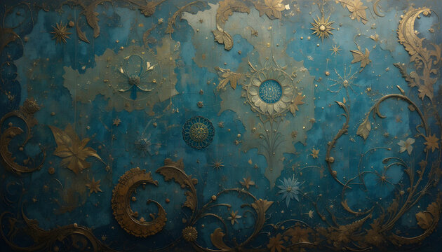 Intricate antique gold baroque patterns on a distressed blue backdrop, evoking historical elegance and rich ornamentation., silhouette of mosque an ramadan background  